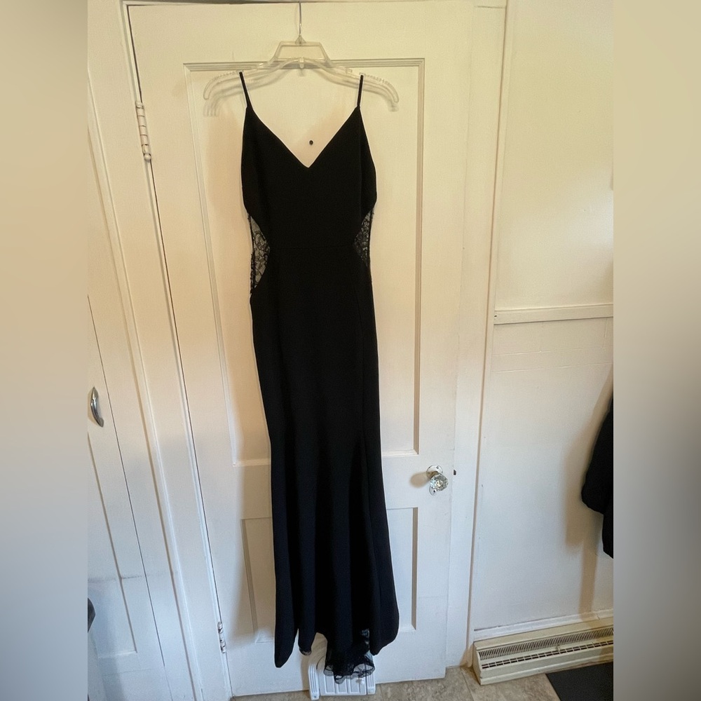 Windsor Black Spaghetti Strap Gown with lace train